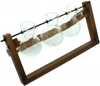 Accesoriu decorativ vaza hidroponica cu 3 vase din sticla Zola® suport din lemn pliabil dimensiuni suport 28x13.5 cm 