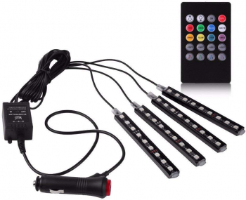Set 4 benzi cu 9 LED-uri pentru iluminarea interiorului de masina Zola® cu telecomanda plastic si silicon negre