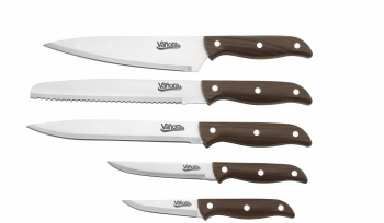 Set 5 cutite pentru bucatarie maner imitatie lemn Lama inox Multicolor