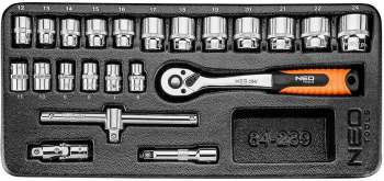 Set capete tubulare scurte cu clichet pentru dulap mobil 3/8& 6-24 mm 22 piese   NEO  