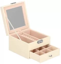 Cutie pentru bijuterii catifea si piele ecologica crem si roz cu oglinda 16x16x11 cm Springos 