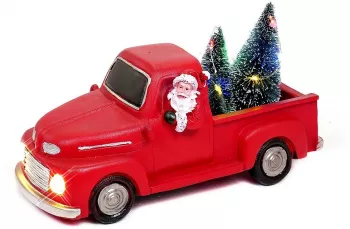 Decoratiune Craciun polirasina Mos Craciun in camioneta cu bradulet LED 11x24x11 cm 3xAA Magic Home 