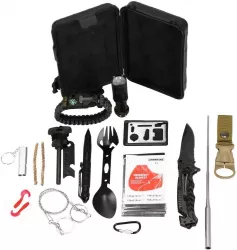 Kit turistic supravietuire multifunctional cu trusa set 21 piese 20x11x5 cm Springos