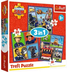 PUZZLE TREFL 3IN1 POMPIERUL SAM O ZI DIN VIATA POMPIERILOR 