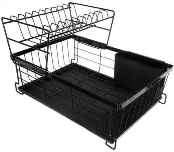 Uscator vase scurgator de bucatarie 2 niveluri metal si plastic negru 43x29x27 cm Ruhhy 