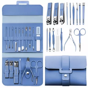 Set Manichiura si Pedichiura 16-in-1 cu plic din piele ecologica model MANI-CUT BLUE culoare Albastra