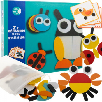 Puzzle din lemn cu figuri geometrice pentru creare de imagini cu animalute