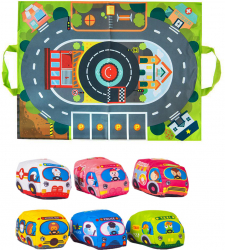 Covoras interactiv cu 6 masinute Zola® velcro ce permite sa fie pliat pentru a fi folosit ca geanta 49x37 cm multicolor 