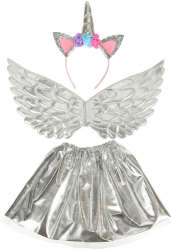 Costum carnaval pentru fetite Zola® model unicorn aripi argintii coronita si fustita varsta + 3 ani 