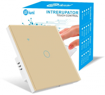 Intrerupator smart touch WiFi Sticla securizata iUni 1G 10A Control vocal Smart Life / Tuya LED Gold 