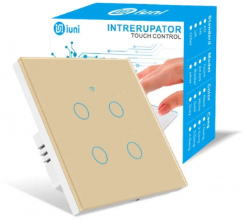 Intrerupator smart touch WiFi Sticla securizata iUni 4G 10A Control vocal Smart Life / Tuya LED Gold 