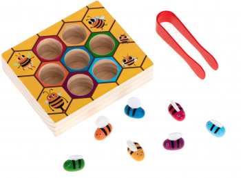 Joc educativ din lemn pentru copii Zola® model fagure cu 7 albine colorate si penseta din plastic rosie 20x14.7x4.5 cm 