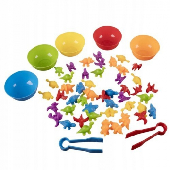 Joc montessori numarare asociere si sortare culori Zola 48 dinozauri recipiete colectare colorate penseta cutie depozitare multicolor 