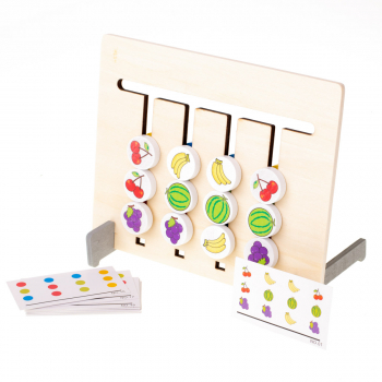 Jucarie educationala din lemn Montessori Zola® 2 in 1 cu fructe si buline colorate 