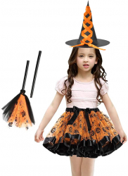 Set costumas halloween copii Zola® micuta vrajitoare 3 piese fustita palarie si matura 3 ani + negru cu portocaliu 