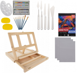Set pictat Zola® gentuta depozitare din lemn 46 piese pensule bloc desen panza canvas suport panza 34x26x6.5 cm 