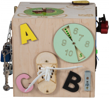 Cub educativ montessori Zola® 6 laturi cu activitati care dezvolta inteligenta copilului si motricitatii fine lemn culori placute