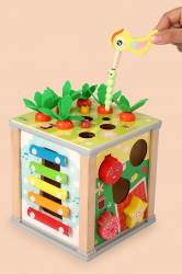 Cub educativ montessori Zola® motricitate 6 in 1 cu activitati care dezvolta inteligenta copilului lemn culori placute 16 x 15.5 x 