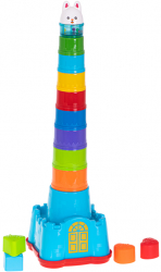 Joc educativ pentru copii Zola galetusa si piramida multicolora marimi diferite din plastic 14 piese inaltime totala 58 cm 