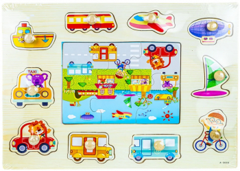 Puzzle din lemn incastru cu pioneze Vehicule 