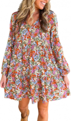 Rochie evazata cu maneca lunga si impremeu floral