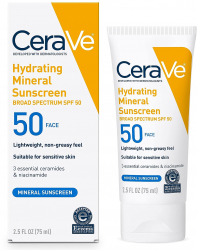 Crema de Fata CeraVe Mineral Sunscreen cu Acid Hialuronic Ceramide și Oxid de Zinc pentru Piele Sensibilă împotriva UVA și UVB SPF50