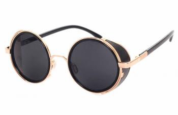 Ochelari de Soare Zamo&reg Steam Punk Gold Protectie UV400 Model Rotund Rama Neagra Lentile Negre 