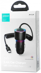 Car Charger Joyroom with 2x USB + Type-C Cable Black 