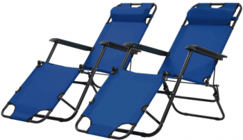 Set 2 Sezlonguri Pliabile 175 X 61 X 87 Cm Suport De Picioare Design Modern Rezistent Tesatura Din Poliester Culoare Albastru 