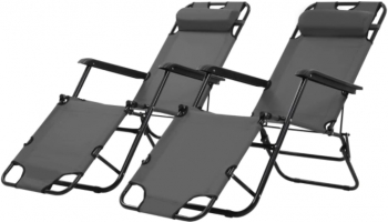 Set De 2 Sezlonguri Cu Dimensiuni 175 X 61 X 87 Cm Suport Pentru Picioare Design Modern Tesatura Din Poliester Culoare Gri 
