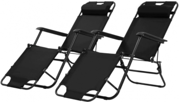 Set De 2 Sezlonguri Cu Suport De Picioare Pliabile Tesatura Greutate Maxima 120 Kg Poliester Cadru Din Otel Moderne Culoare Negru 