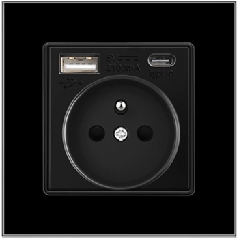 Priza simpla + USB A+C LUXION cu rama din sticla Negru 