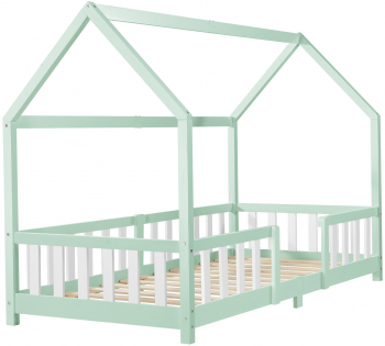 Pat Copii Sisimiut tip Casuta Dimensiuni 200x90cm Lemn de Brad Culoare Verde/Alb 