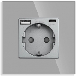 Priza Simpla USB-A si USB-C LUXION cu Rama din Sticla Gri 