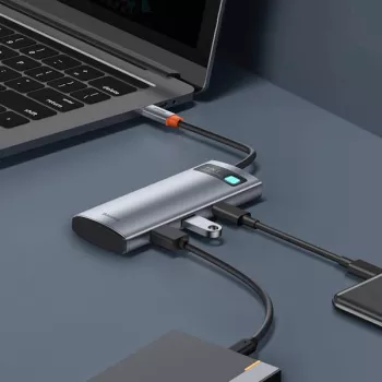 Adaptor HUB USB-C, Baseus, HDMI 4K, SD/TF, 2 x USB 3.0, USB-C PD,100W, Gri