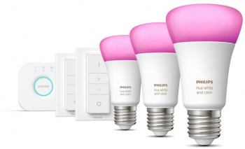 Set De Baza Philips 3 X Becuri Led E27. 2 Variatoare Incluse Si Consola Bridge Ambianta Color Si Alba 25000 Ore 9 W Bluetooth Si Zigbee 