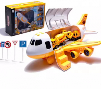 Avion de transport cu 3 masini vehicule constructii si semne de circulatie 