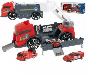 Camion de transport TIR 2in1 parcare garaj statie de pompieri + 3 masini rosu 