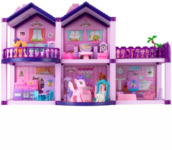 Casa de papusi din plastic complet utilata si mobilata cu ponei 58.5 cm x 22.5 cm violet 