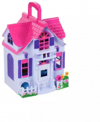 Casa de papusi pliabila din plastic complet utilata si mobilata cu familie de papusi multicolor 