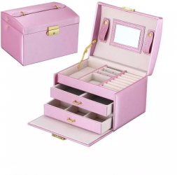 Cutie eleganta pentru bijuterii ceasuri sau accesorii 20 de compartimente oglinda si inchidere cu cheie culoare roz deschis 