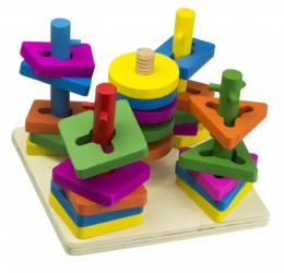 Joc Montessori de indemanare cu 5 coloane sortator de forme din lemn 