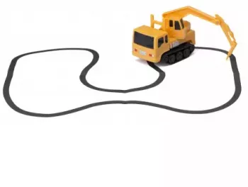 Masinuta de jucarie cu inductie tip excavator urmareste linia trasata cu marker-ul galben 