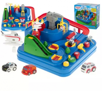 Pista de curse cu obstacole 3 masinute si helicopter interactiva din plastic Multicolor 32 x 32 x 24 cm 
