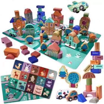Set 181 piese blocuri din lemn pentru copii puzzel educational