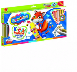 Set 24 de culori de creioane colorate triunghiulare Bambino in rama din lemn + ascutitoare 