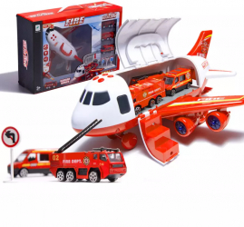 Set 3 masinute de pompier cu avion de transport 
