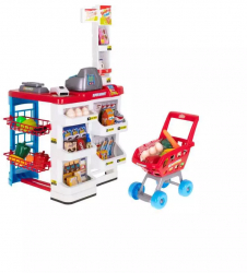 Set 47 de accesorii supermarket pentru copii cu casa de marcat si carucior rosu 