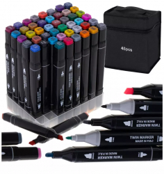 Set 48 markere 2 capete subtire si gros cu geanta de depozitare si suport din plastic multicolore 