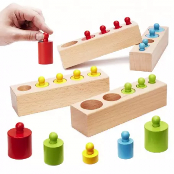 Set Cilindri Montessori lemn natur si cilindri color 